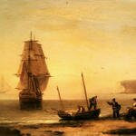 Luny_Thomas_Fishermen_Unloading_The_Catch_With_A_Merchant_Ship_In_Calm_Water_Off_Brymer_Bay_Devon