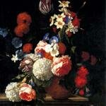 Galle Hieronymus Tulips Peonies Morning Glory Narcissi And Other Flowers In A Decorated Vase On A Ledge