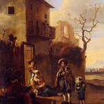 Goubau Anthonie Travelers Resting By A House With Architectural Ruins Beyond