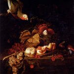 Bogdany_Jakob_Still_Life_Of_Grapes_A_Halved_Peach_And_Cherries_Resting_On_A_Table_With_A_Parrot