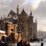 Hove_Bartholomeus_Johannes_Van_A_Capricio_View_With_Figures_Leaving_A_Church_In_Winter