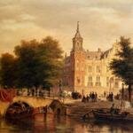 Hove_Bartholomeus_Johannes_Van_A_Sunlit_Townview_With_Figures_Gathered_On_A_Square_Along_A_Canal
