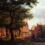 Hove_Bartholomeus_Johannes_Van_A_Village_Square_With_Villagers_Conversing_Under_Trees