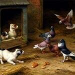 Hunt_Edgar_Puppies_And_Pigeons_Playing_By_A_Kennel