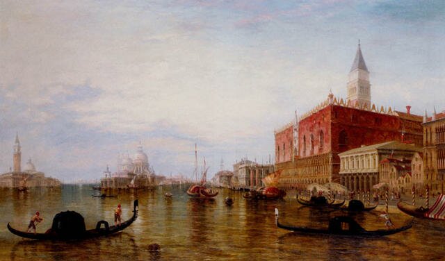 Pollentine_Alfred_Gondolas_On_The_Grand_Canal_In_Front_Of_The_Doges_Palace_Venice