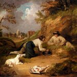 Morland_George_Two_Men_Hunting_Rabbits_With_Their_Dog_A_Village_Beyond